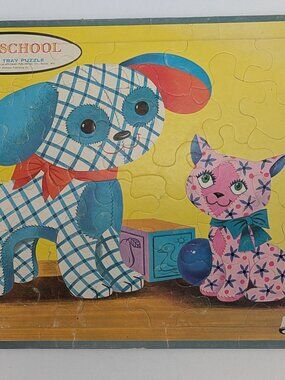 Vintage Whitman Pre School Frame Tray Puzzle Complete 1961 Blue Dog Pink Cat